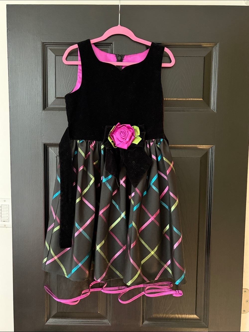 Bonnie Jean Black Velvet Dress with Pink and Multicolor Trim